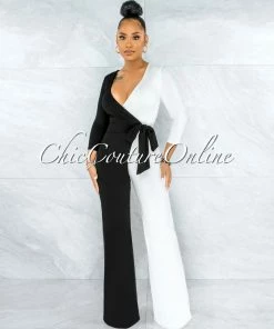 Vendor-unknown Simona Black White Block Color Wrap Jumpsuit