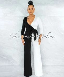 Vendor-unknown Simona Black White Block Color Wrap Jumpsuit