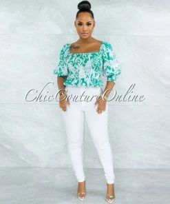 Vendor-unknown Pyrena Green Blue Print Smocked Bubble Sleeves Crop Top