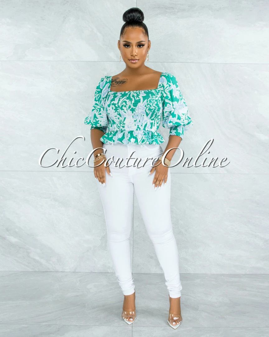 Vendor-unknown Pyrena Green Blue Print Smocked Bubble Sleeves Crop Top