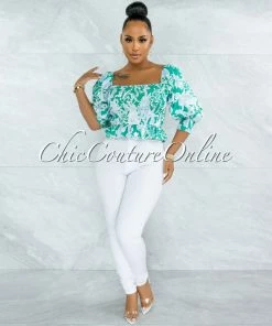 Vendor-unknown Pyrena Green Blue Print Smocked Bubble Sleeves Crop Top