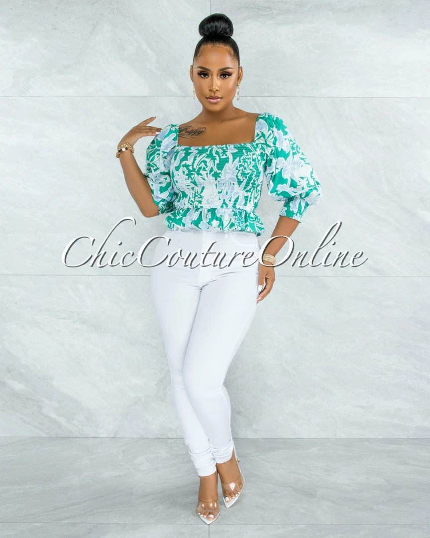 Vendor-unknown Pyrena Green Blue Print Smocked Bubble Sleeves Crop Top