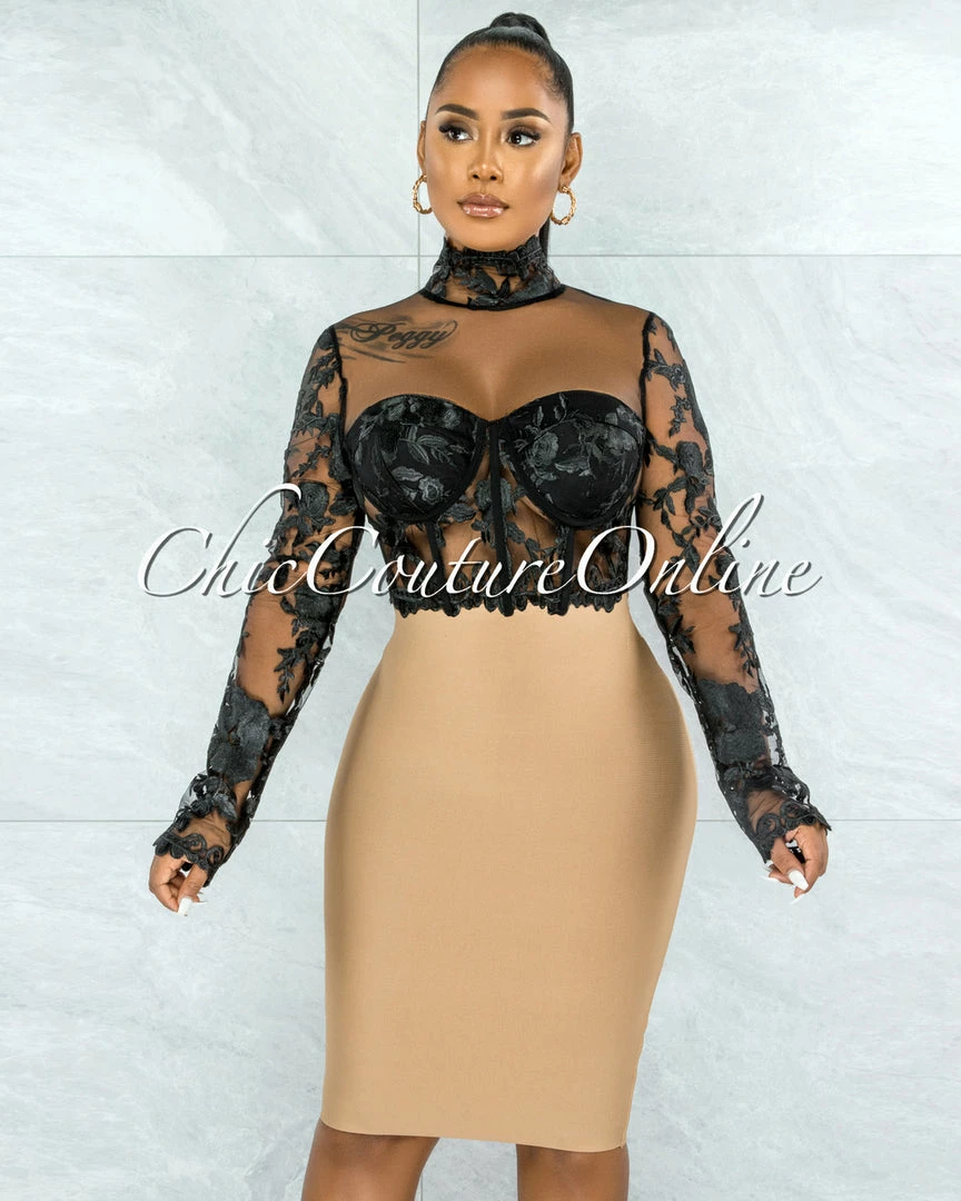 Vendor-unknown Elmore Black Padded Cups Embroidery Tulle Sheer Top