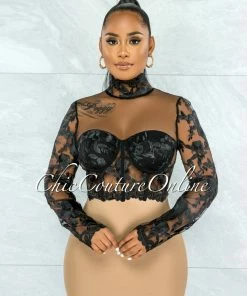 Vendor-unknown Elmore Black Padded Cups Embroidery Tulle Sheer Top