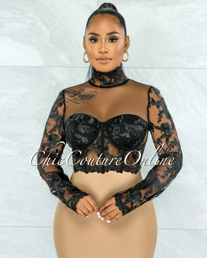 Vendor-unknown Elmore Black Padded Cups Embroidery Tulle Sheer Top