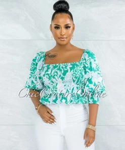 Vendor-unknown Pyrena Green Blue Print Smocked Bubble Sleeves Crop Top
