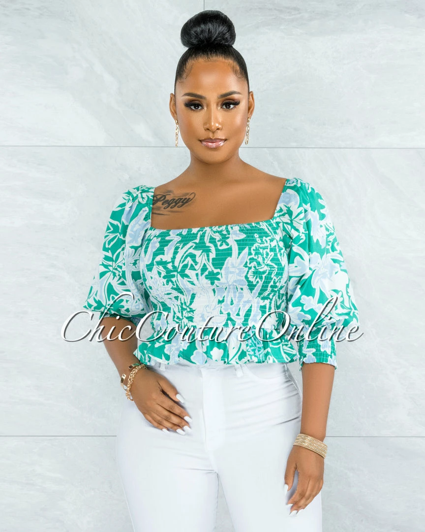 Vendor-unknown Pyrena Green Blue Print Smocked Bubble Sleeves Crop Top