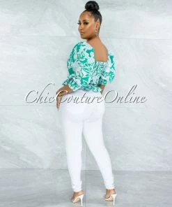 Vendor-unknown Pyrena Green Blue Print Smocked Bubble Sleeves Crop Top