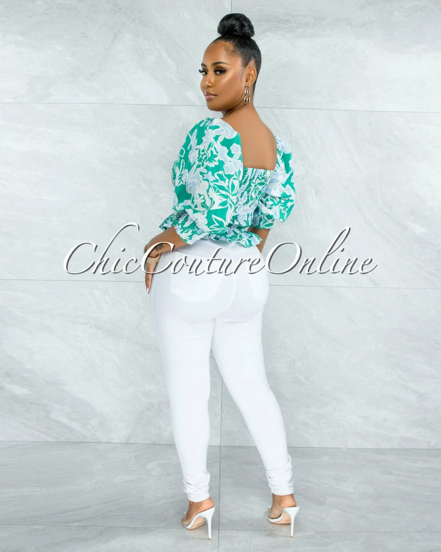 Vendor-unknown Pyrena Green Blue Print Smocked Bubble Sleeves Crop Top