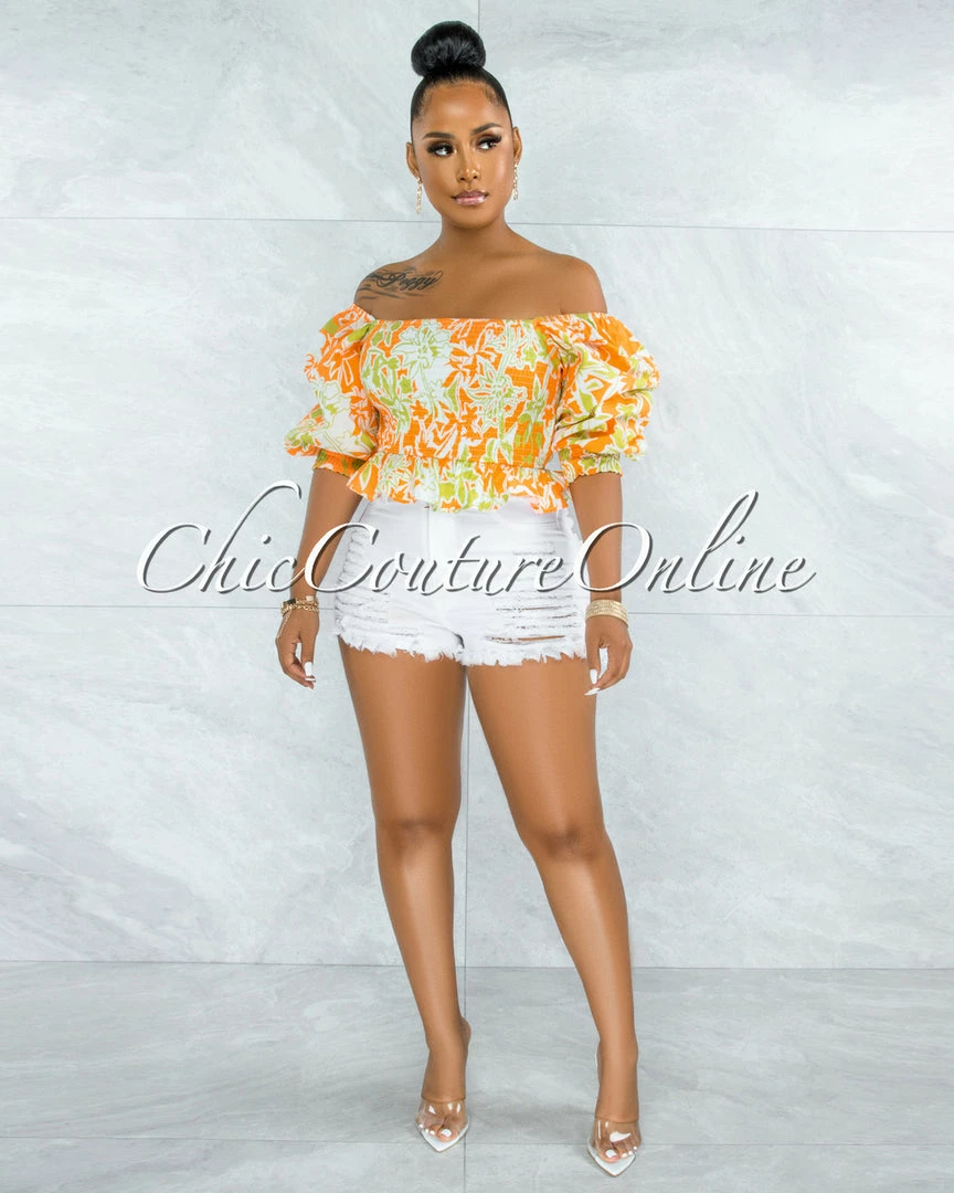 Vendor-unknown JUST IN Pyrena Orange Green Print Smocked Bubble Sleeves Crop Top