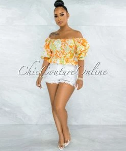 Vendor-unknown JUST IN Pyrena Orange Green Print Smocked Bubble Sleeves Crop Top