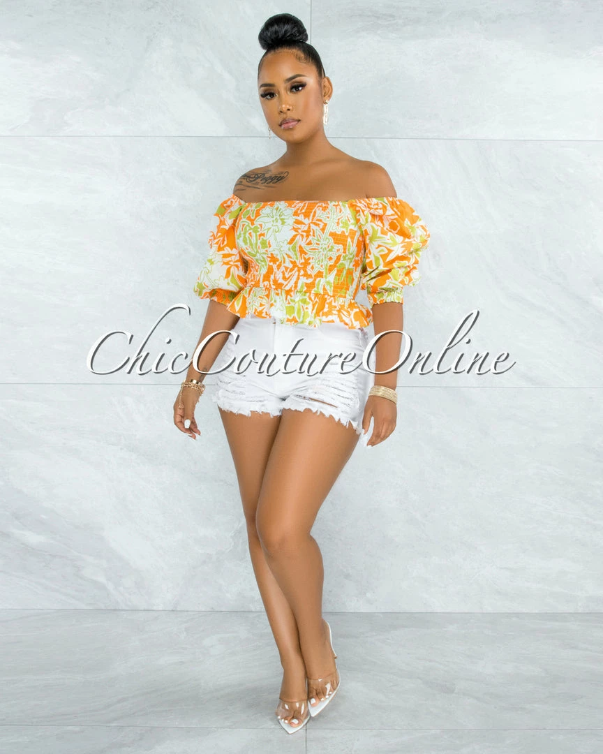 Vendor-unknown JUST IN Pyrena Orange Green Print Smocked Bubble Sleeves Crop Top