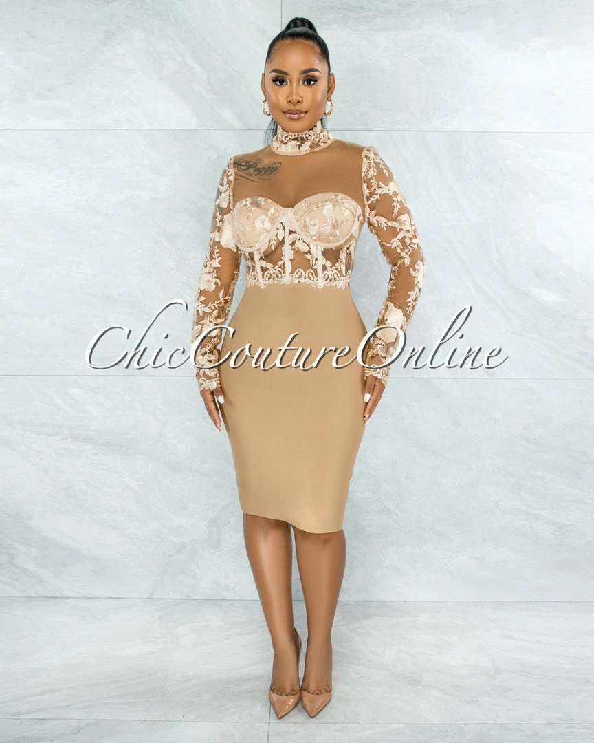 Vendor-unknown JUST IN Elmore Nude Padded Cups Embroidery Tulle Sheer Top