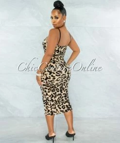 Vendor-unknown Tieve Nude Leopard Print Body-Con Midi Dress