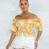 Vendor-unknown JUST IN Pyrena Orange Green Print Smocked Bubble Sleeves Crop Top