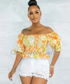 Vendor-unknown JUST IN Pyrena Orange Green Print Smocked Bubble Sleeves Crop Top