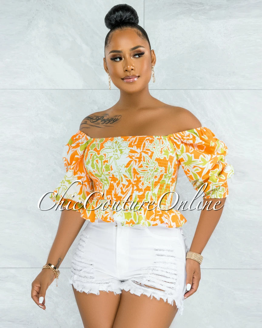 Vendor-unknown JUST IN Pyrena Orange Green Print Smocked Bubble Sleeves Crop Top