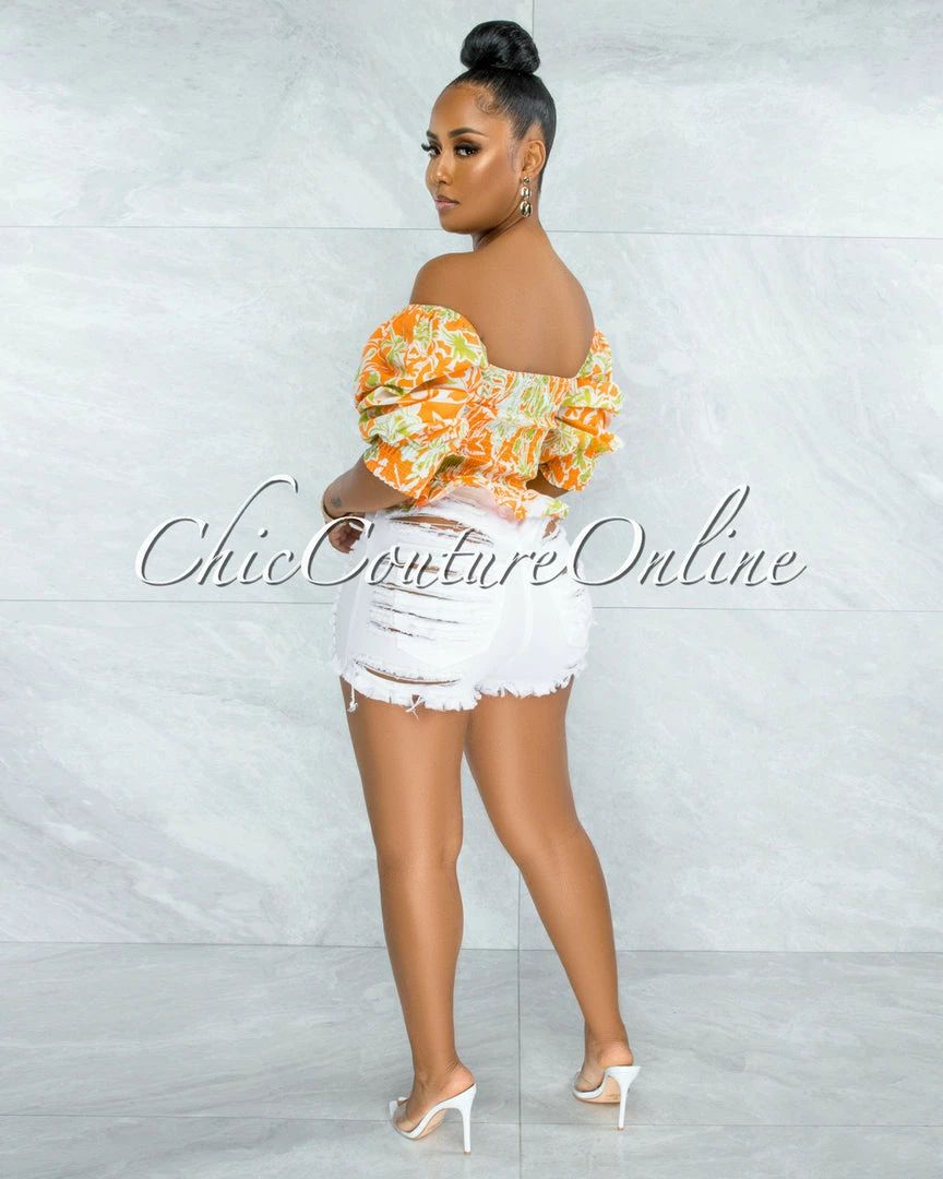 Vendor-unknown JUST IN Pyrena Orange Green Print Smocked Bubble Sleeves Crop Top