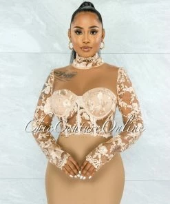 Vendor-unknown JUST IN Elmore Nude Padded Cups Embroidery Tulle Sheer Top