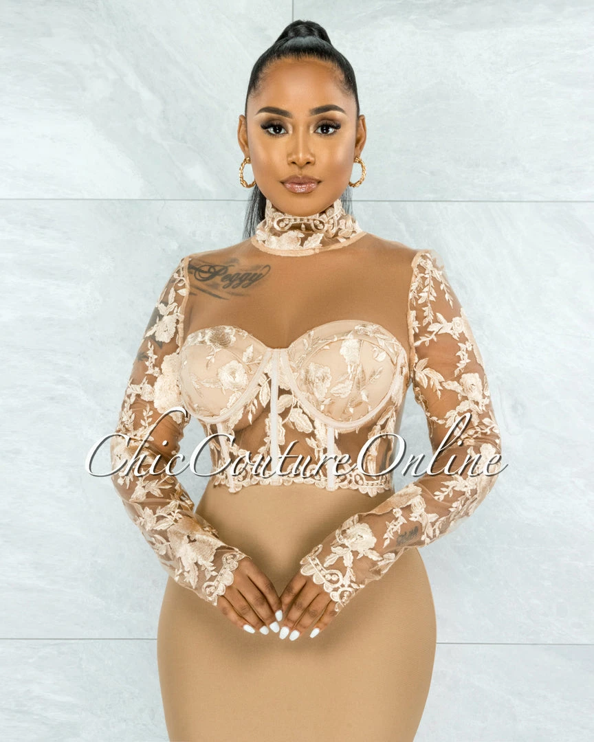 Vendor-unknown JUST IN Elmore Nude Padded Cups Embroidery Tulle Sheer Top