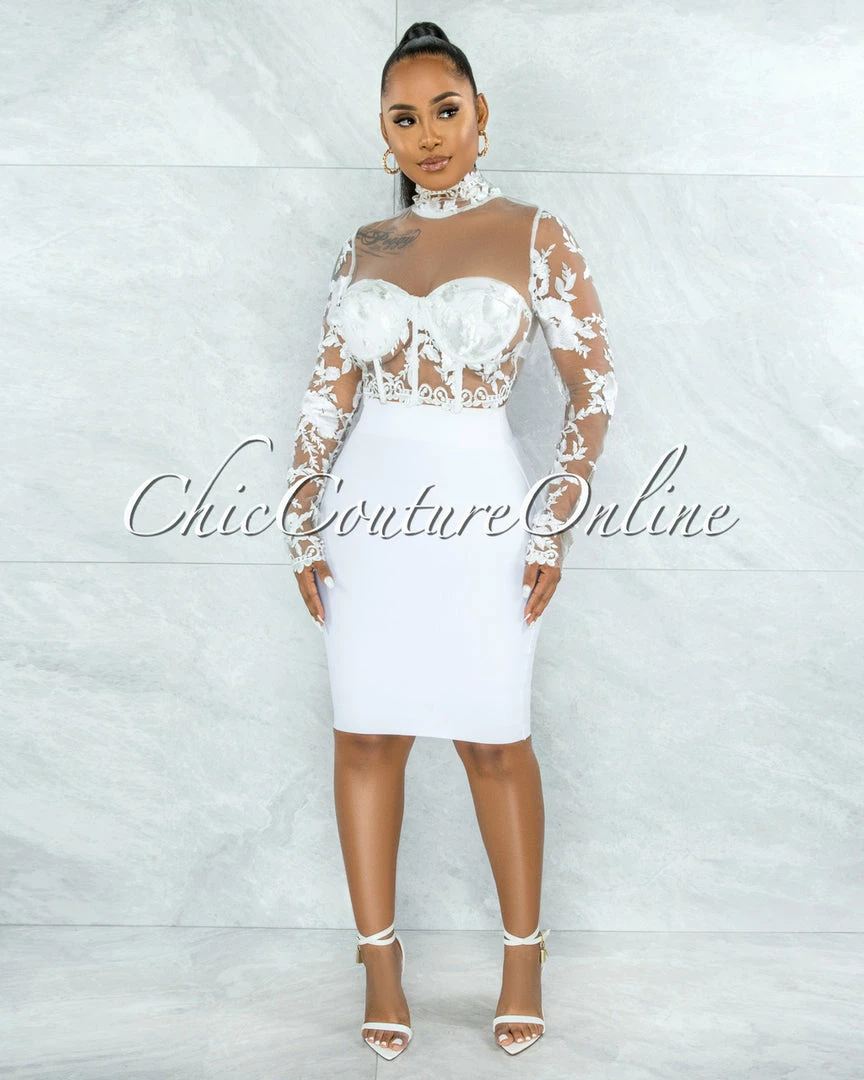 Vendor-unknown JUST IN Elmore White Padded Cups Embroidery Tulle Sheer Top