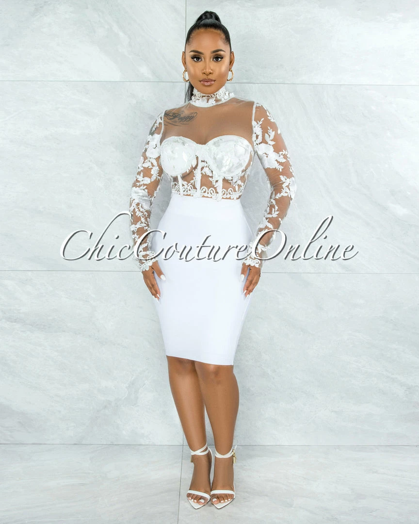 Vendor-unknown JUST IN Elmore White Padded Cups Embroidery Tulle Sheer Top