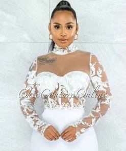 Vendor-unknown JUST IN Elmore White Padded Cups Embroidery Tulle Sheer Top