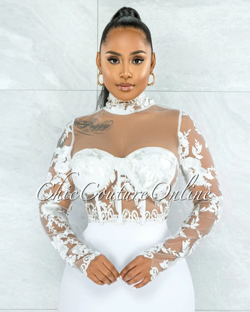 Vendor-unknown JUST IN Elmore White Padded Cups Embroidery Tulle Sheer Top