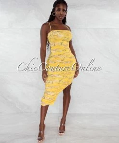 Vendor-unknown Rowena Yellow Floral Print Mesh Ruched Midi Dress