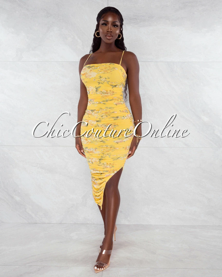 Vendor-unknown Rowena Yellow Floral Print Mesh Ruched Midi Dress