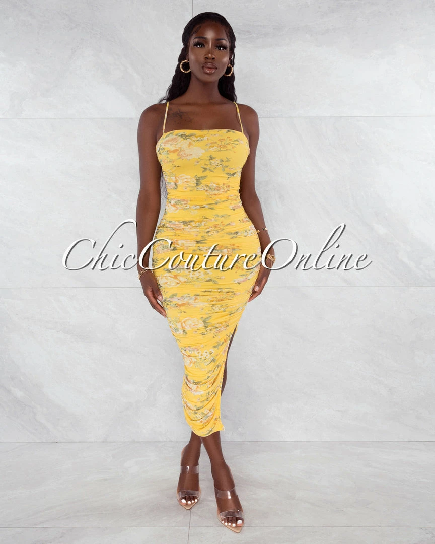 Vendor-unknown Rowena Yellow Floral Print Mesh Ruched Midi Dress