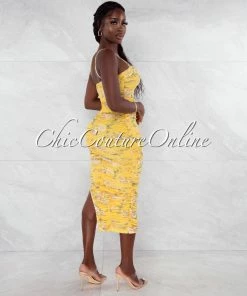 Vendor-unknown Rowena Yellow Floral Print Mesh Ruched Midi Dress