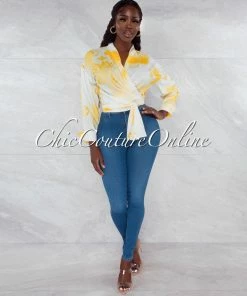Vendor-unknown Santana White Yellow Print Front Tie Blouse