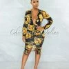 Vendor-unknown Melaza Black Gold Print Plunging Neckline Midi Dress