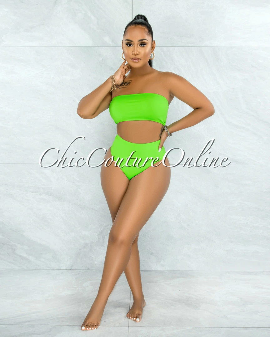 Vendor-unknown Palmira Neon Green Mesh Pareo Three Piece Set Swimsuit