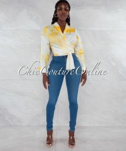Vendor-unknown Santana White Yellow Print Front Tie Blouse