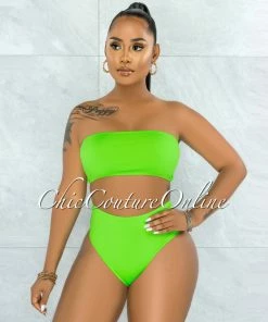 Vendor-unknown Palmira Neon Green Mesh Pareo Three Piece Set Swimsuit