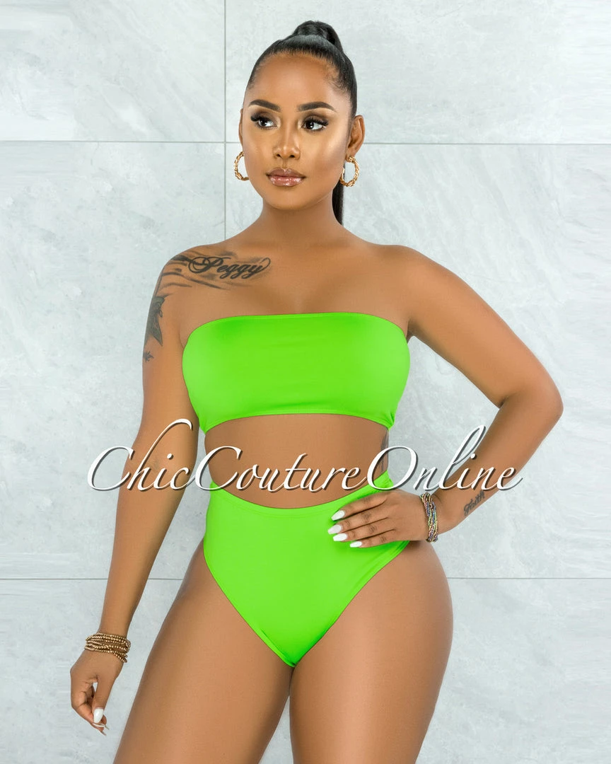 Vendor-unknown Palmira Neon Green Mesh Pareo Three Piece Set Swimsuit