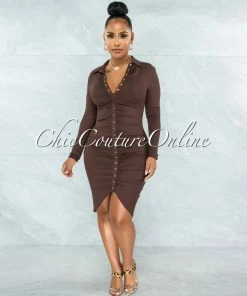 Vendor-unknown Caelan Chocolate Front Gold Snaps Ribbed Midi Dress