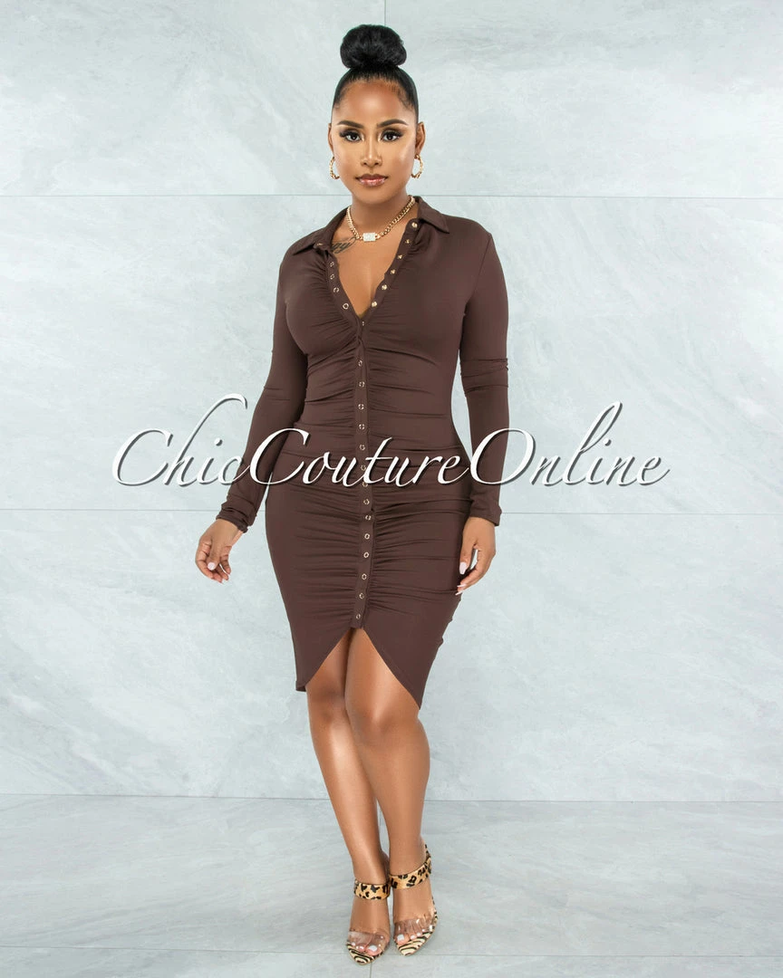 Vendor-unknown Caelan Chocolate Front Gold Snaps Ribbed Midi Dress