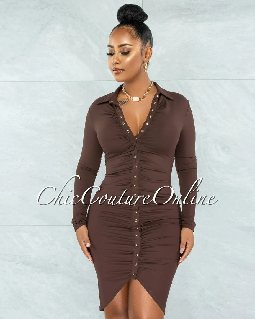 Vendor-unknown Caelan Chocolate Front Gold Snaps Ribbed Midi Dress