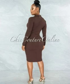 Vendor-unknown Caelan Chocolate Front Gold Snaps Ribbed Midi Dress