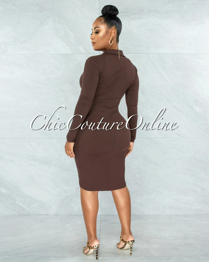 Vendor-unknown Caelan Chocolate Front Gold Snaps Ribbed Midi Dress