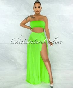 Vendor-unknown Palmira Neon Green Mesh Pareo Three Piece Set Swimsuit