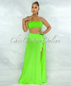 Vendor-unknown Palmira Neon Green Mesh Pareo Three Piece Set Swimsuit