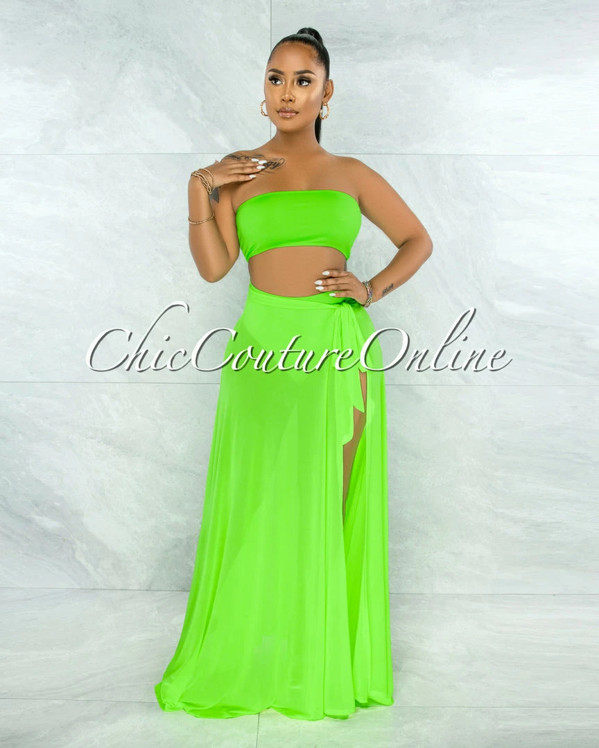 Vendor-unknown Palmira Neon Green Mesh Pareo Three Piece Set Swimsuit