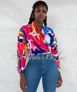 Vendor-unknown Kiwa Fuchsia Purple Print Front Tie Blouse