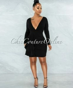 Chic Couture Online Ellie Black Ruffle Hip Deep-V Neckline Open Back Dress JUST IN