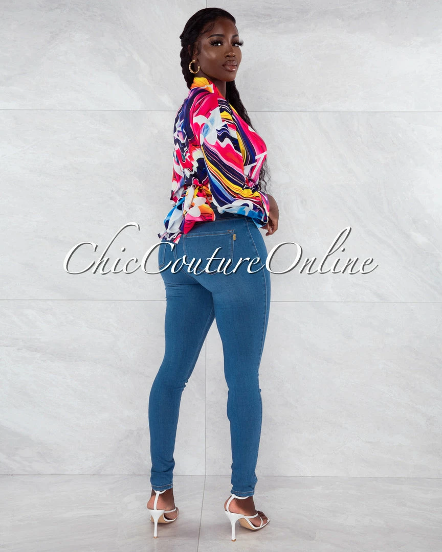 Vendor-unknown Kiwa Fuchsia Purple Print Front Tie Blouse