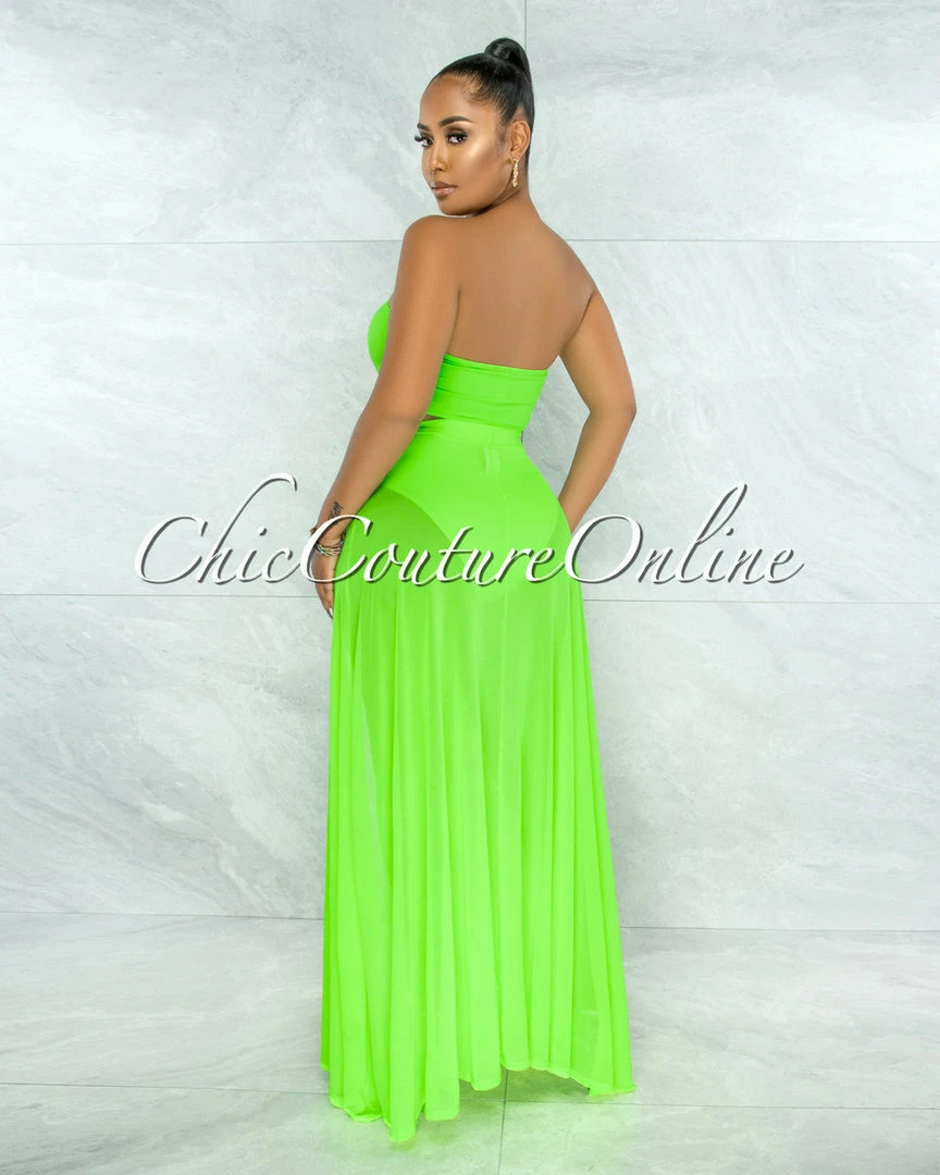 Vendor-unknown Palmira Neon Green Mesh Pareo Three Piece Set Swimsuit